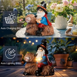 Etlemonde Garden Highland Cow Gnome Statue Solar Outdoor Decor, Gnome Holding Magic Book Lights, for Yard, Garden, Balcony, and Lawn Decoration Birthday Gift for Women and Mothers