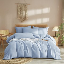 Luofanfei Cotton Muslin Bed Linen 135 x 200 cm Blue Light Blue Renforce Plain Summer Cooling Bed Linen Set Plain Soft Duvet Cover Crinkle Look Non-Iron with Zip and Pillowcase 80 x 80 cm