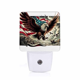 Jahiona LED Night Light Lamp with Smart Sensor Dusk to Dawn Sensor,Bald Eagle Spreads Wings with American Flag American Patriotism Historical Military Night Light Daylight White,0.5W Plug-into Wall
