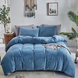 CLOTHKNOW Blue Velvet Queen Bedding Sets 3Pcs Blue Fluffy Duvet Cover Sets Soft Blue Bedding Comforter Cover Set Soft Blue Queen Size Bedding Sets