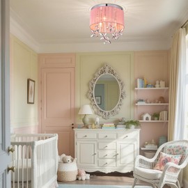 Flush Mount Ceiling Light for Girls Room, Pink Crystal Flower Chandelier 3-Light,Princess Style Decorative Light Fixture for Bedroom, Nursery, Hallway, Closet