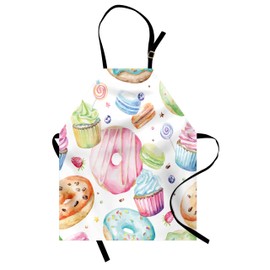 Lunarable Sweets Apron, Delicious Macaron Cupcakes Donuts Muffins Sugar Tasty Yummy Watercolor Design Print, Unisex Kitchen Bib with Adjustable Neck for Cooking Gardening, Adult Size, Green Pink