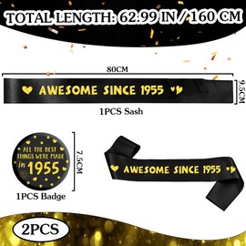 70th Birthday Decorations Sash for Men - Black and Gold Awesome Since 1955 Sash with Button Badge, Happy 70 Years Old Birthday Party Decoration for 70th Fabulous Men