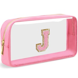 LOFOWN Initial Clear Makeup Bag Small Cosmetic Bag Travel Toiletry Bag Clear Zipper Pouch Purse Organizer Bags for Women, PINK-M, J, Initial Makeup Bag