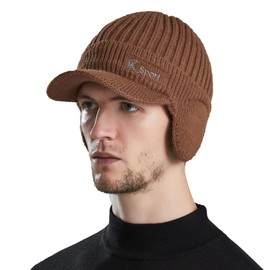 YAMEE Men's Winter Hat Knitted Cap Winter Cap Women's Knitted Hat Beanie with Peaked Cap Peaked Cap with Ear Flaps Men's Ear Protection, 9125/Brown