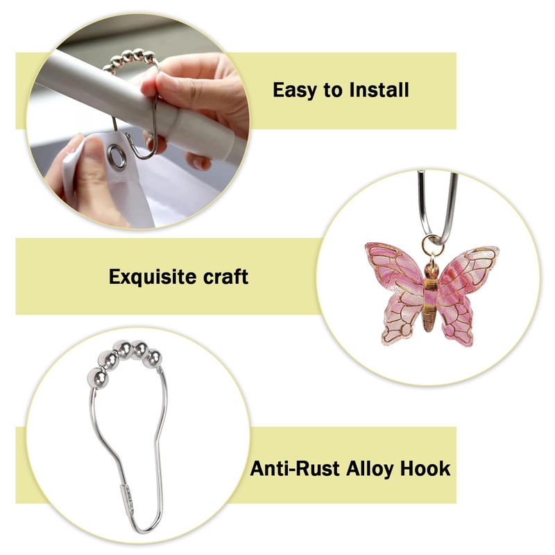 12 Pcs Pink Bow Shower Curtain Hooks Rings for Bathroom,
