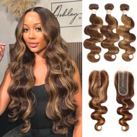 ALHER Honey Blonde Highlight Bundles with 2x6 Lace Closure 20 22 24+18 Inch Long Deep Part, Body Wave 4/27 Highlight Ombre Brown Colored Bundles with 2x6 Kim K Lace Closure, 100% Remy Human Hair Weft
