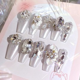 SINHOT Luxury Press on Nails - Long Coffin Fake Nails 3D Handmade Flowers Reusable False Nails with Rhinestone Designs,DIY Artificial Nail Art, 24pcs