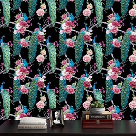 ReWallpaper Peacock Wallpaper Stick and Peel Black Green Blue Vintage Floral Wall Paper Removable Dark Peacock Contact Paper for Cabinets Self Adhesive Wallpaper for Bathroom Kitchen 17.5in X 10ft