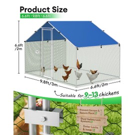 BUCATSTATE Large Metal Chicken Coop 6.6FT x 9.8FT x 6.6FT Outdoor Walk-in Chicken Run, Heavy Duty Poultry Cage for 9-13 Hens, Predator Proof with Thick Waterproof PE Cover & Dual Lock Doors