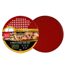 casaWare 2pc 12-inch Ultimate Pizza Pan Set, Nonstick, Ceramic Coated, (1) Solid, (1) Perforated (Red Granite)