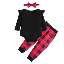 Xumplo Baby Girl Clothes Set Newborn Christmas Outfits Infant Ribbed Ruffle Romper+Plaid Pants+Headband Clothing 6-12 Months
