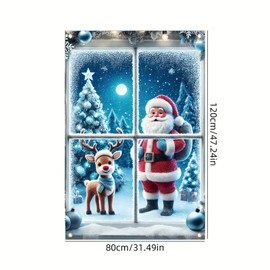 Saoplasa Christmas Party Banner 47x31 Inch Santa Claus and Reindeer Window Cover Holiday Decor Frosted Pane Scene with Christmas Trees for Home Classroom Office Xmas Party Display