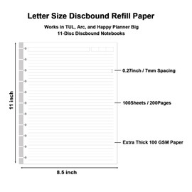 A4 TUL Discbound Lined Refill Paper, 11 Disc Hole Punched Ruled Filler Paper, Letter Size Refills Paper, 100Sheets / 200Pages, Loose-Leaf Paper, 100gsm Paper, 8.5 X 11 Inch