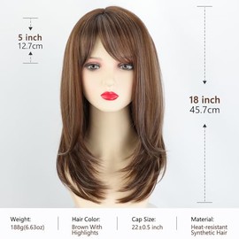 TISHINING Pelucas marrones para mujeres blancas, longitud media, capas, mezcla de marrón, mechas blancas, peluca ondulada con flequillo, 18 pulgadas, 