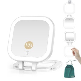 Mocado Compact Travel Makeup Mirror, 1X/10X Magnifying Mirror with Light, Double Sides Compact Mirror with 3 Color Light, Dimmable Handheld Mirror, Rechargeable Travel for Purse,Pocket(White)