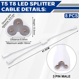 Relaxweex 8 Pcs T5 T8 LED Splitter Cable 3pins LED Wire Tube Connector 1to 2 Way Splitter Extension Cord for Ceiling Lights, Integrated Tube Lamp Holder Socket