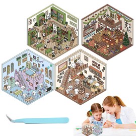 3D House Stickers, 4 Sets DIY 3D House Stickers, Fun DIY Stacking Scene Stickers DIY Scene Stickers with Tweezers for Adult Kid Fun Cute 3D Stickers for Adult Kid 125 x 150 mm