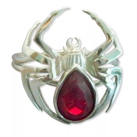 Real Metal Gothic Spider Bracelet Large Polished Silver Finish with Red Navette Stone B-3