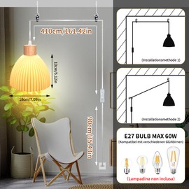 3D Printed Pendant Lamp Kit with Plug, Pack of 2, Lamp Holder E27 with 500 cm Transparent Cable and White 3D Lampshade, Pendant Light with Plug, Socket Lamp Cable with Switch, Modern Style