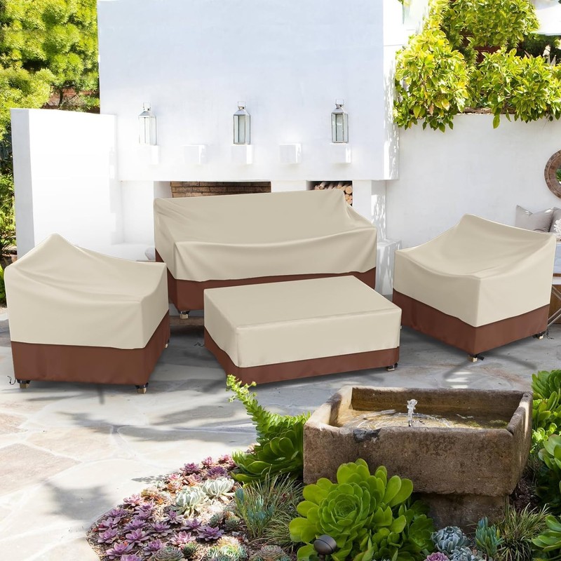 Gasadar Patio Furniture Cover 4 Piece Set, Beige & Brown
