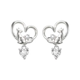 Mirai-Tenshi MIE312CZ_WT Women's Silver Earrings, Cat Within a Heart Design, Selectable Birthstone, Perfect as a Birthday Present