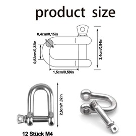 Shackle D Shape, 304 Stainless Steel D-Ring Shackle, M4 Stainless Steel Shackle, D Ring Shackle Straight, D Shackle, D Shackle, Stainless Steel for Rigging Steel Rope Cords Chains Shackles, Pack of 12