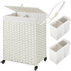 Greenstell Laundry Hamper with Wheels, No Install Needed, 90L Divided Handwoven Hampers & 2 Removable Liner Bags, Rattan Clothes Laundry Basket with Lid & Handles, Foldable Hampers White