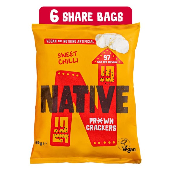 Native Snacks, Vegan Prawn Crackers Sweet Chilli Flavour Sharing Pack of 6 x 60g Low Calorie & Low Fat, Plant-Based, Healthy & Ideal for Dipping Snack