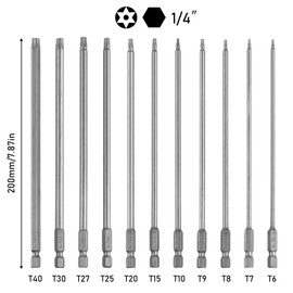 11 Pieces 200 mm Torx Bit Set Long, Torx Screwdriver Set, Magnetic Torx Set, Star Head Bit Set, Long, S2 Steel Torx Bits, T6, T7, T8, T10, T15, T20, T25, T27, T30, T40