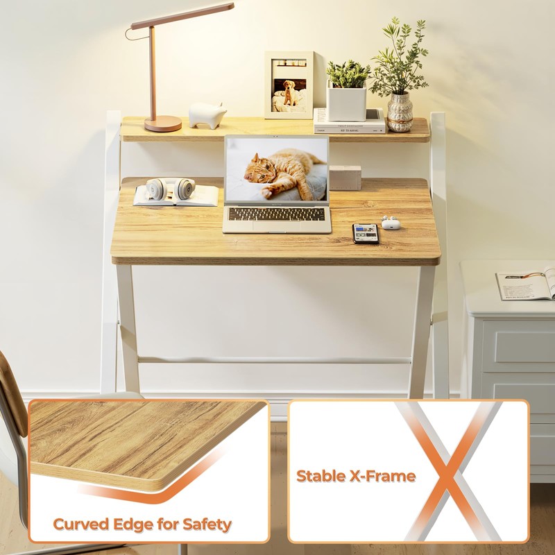 GreenForest No Assembly Folding Desk, 2-Tier Compact Computer Desk with