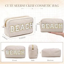 Cosmetic Bag Organizer Travel, Compact Lightweight Accessory for Travel and Daily Use - Sanwuta Seersucker Beach Chenille Letter