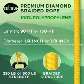 TECEUM Rope – 90 Feet x 3/8 Inch (10mm) – Yellow – Strong All-Purpose Utility Rope – Camping, Crafting, Flag Pole, Indoor & Outdoor – Polypropylene Nylon Poly Lightweight Diamond Braided Cord