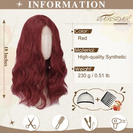 BARSDAR 45 cm Wavy Red Wig, Medium Length Red Wig for Women, Middle Parting, Natural Hair, Heat Resistant, Synthetic Shoulder Length, Curly Wig - Red