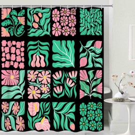 JAWO - Cortina de ducha floral rosa verde para baño, cortinas de ducha retro bohemias florales decoración para mujeres y niñas, juego de cortinas de ducha con diseño geométrico botánico clásico con