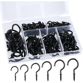 ASTARON Pack of 130 Screw Hooks, Black, Cup Hooks, Ceiling Hooks, Metal Screw-In Hooks, Made of Nickel Plate, Cup Hooks for Hanging Plants, Cups, Multi Size