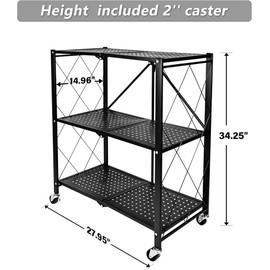 Simple Deluxe 3-Tier Folding Storage Shelves, 27.95" W x 14.96" D x 34.25" H Foldable Shelving Unit, 750 Lbs Loading Capacity, Black