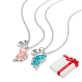 Set of 2 Butterfly Friendship Necklaces for Children, Girls, Couples, Silver Women's Necklace Pendant, Friendship Chains, Hasl Chain, Jewellery Gifts for BFF, Best Friends, Mother, Daughter, Birthday,