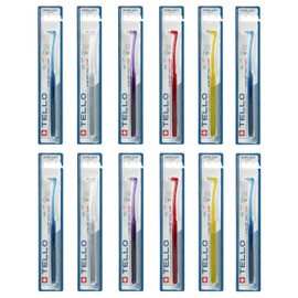 TELLO 1007.5 Adult Mega Soft Post-Op Toothbrush for Gentle Cleaning with Ergonomic Handle, Made in Switzerland, Colors Vary, 12-Pack