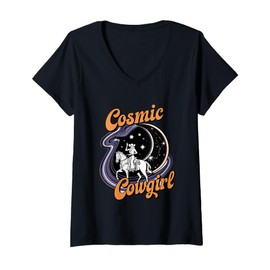 Womens Cosmic Cowgirl Riding the Galaxy Stars V-Neck T-Shirt