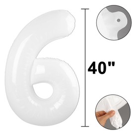 40 Inch Number 6 White Foil Helium Balloon - Birthday Gift for 6 Year Old Girl Boy 6th 16th 26th 36th 46th 50th 55th Wedding Anniversary Party Decorations