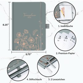 2025 Diary - Appointment Calendar 2025, Weekly Planner 2025 from January to December 2025, A5 Diary with Slip Pocket, Calendar 2025 Book Calendar, Flower