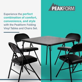 Peakform 5 Piece Folding Vinyl Tables and Chairs with Easy Cleaning and Storage for Home Use, Indoor Spaces, and Office, Black