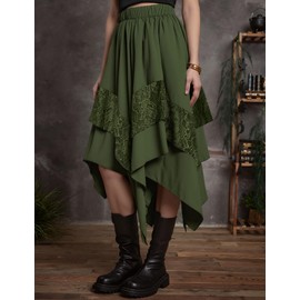 Yimoon Womens Renaissance Skirt Lace Tiered Asymmetrical Flowy Fairy Long Skirt High Waist Gothic Midi Skirts(ArmyGreen-XL)
