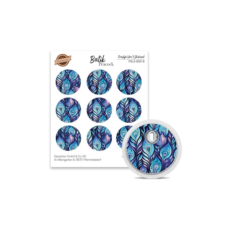 FreeStyle Libre 3 Sensor Stickers, Set of 9 "Batik Peacock"