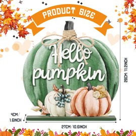 Soaoo Thanksgiving Decoration Wooden Fall Hello Pumpkin Sign Autumn Pumpkin Table Decor 11 Inch Wooden Pumpkin Desktop Ornament for Farmhouse Home Living Room Harvest Day Thanksgiving Decor(Green)