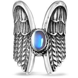Big Large Angel Wing Moonstone Full Finger Chunky Wide Band Ring for Women,S925 Sterling Silver Retro Vintage Punk Cocktail Party Thumb Index Finger Ring Jewelry (Ring_A, 6)