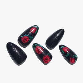GLAMERMAID Press on Nails Medium Almond,UV Red and Black False Nails with Rose Design,Gel Glue on Nails Reusable Full Cover Manicure Set for Women