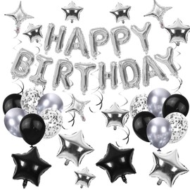 56 PCS Happy Birthday Balloons Happy Birthday Banner Silver and Black Balloons for Boys Men Girls Women 16th 18th 20th 21st 25th 30th 40th 50th 60th Birthday Party Decorations
