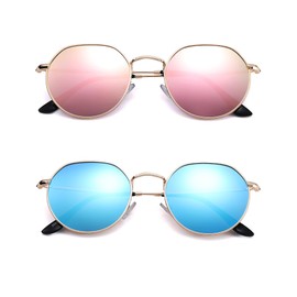Pro Acme Vintage Round Sunglasses, Large Metal Frame Classic Shades Hexagon Trendy Sun Glasses Polarized 53MM (Gold/Pink Mirrored+ Gold/Blue Mirrored)